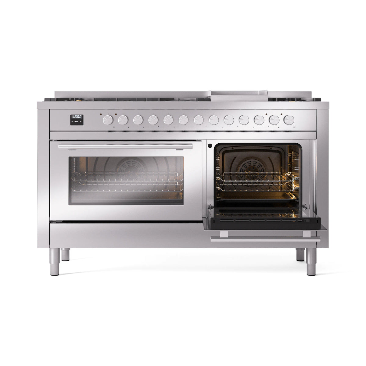 Stainless dual-fuel range with two open oven doors and control knobs