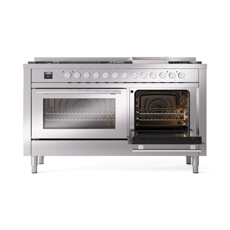 ILVE 60-inch Professional Plus II Dual Fuel Range with 9 Burners, Griddle, and Triple Glass Door Oven in Stainless Steel (UP60FWMPSS)