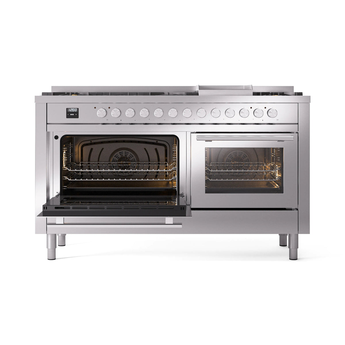 Stainless dual-fuel range showing both oven interiors with burners and knobs
