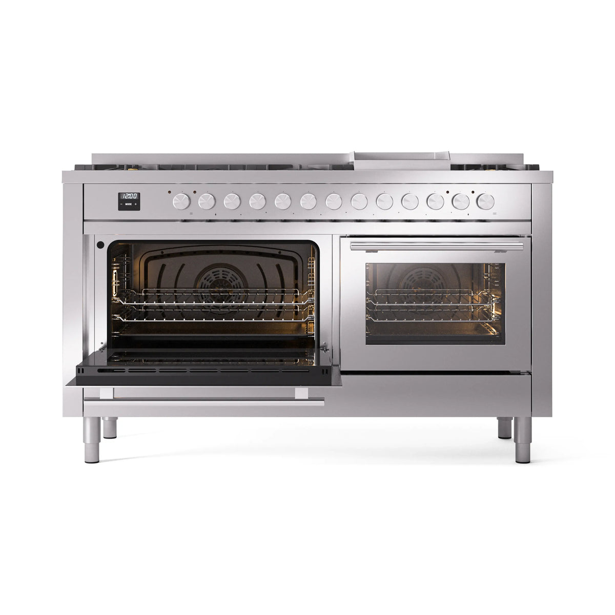 Stainless steel range showing open ovens and dual cooktop burners