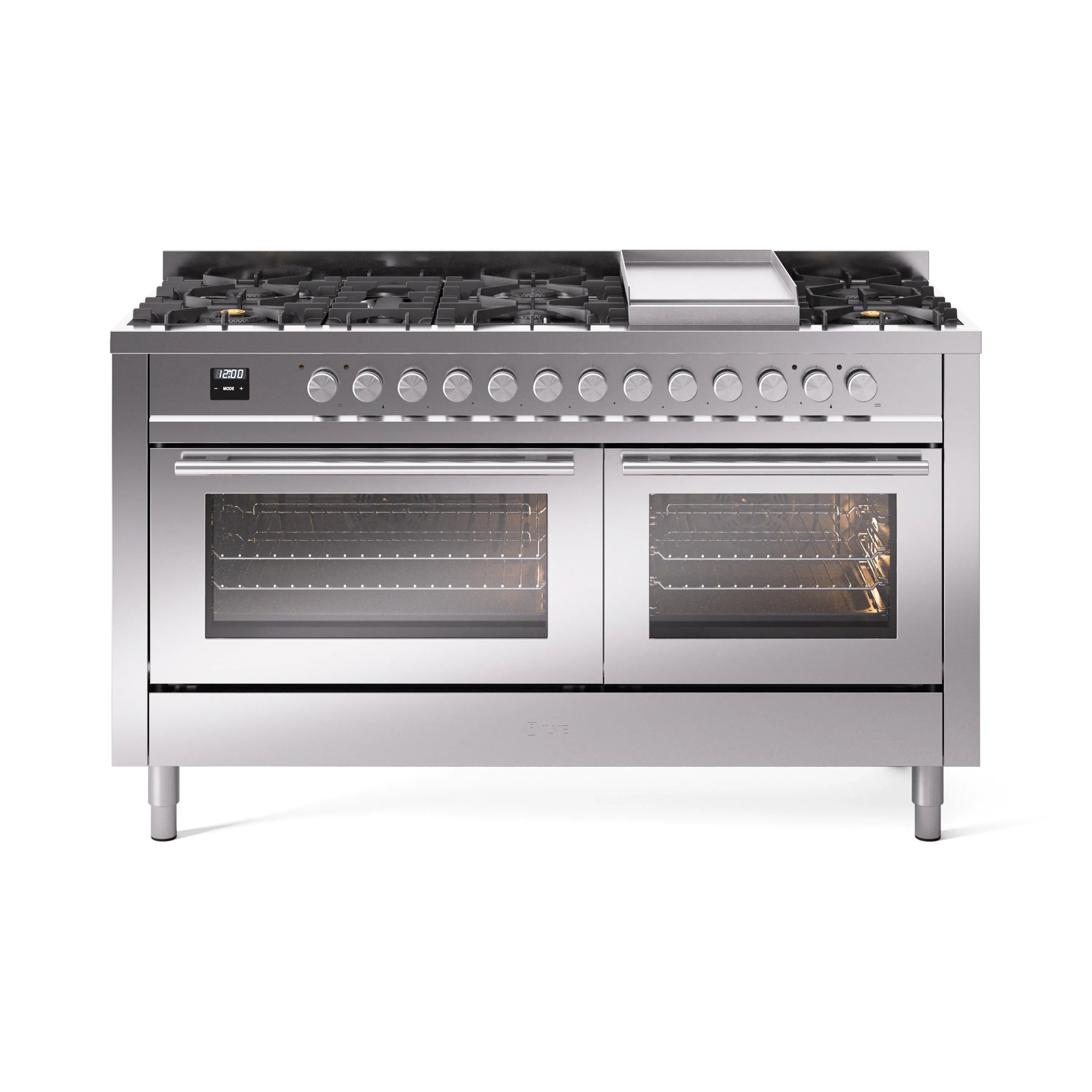 Stainless steel professional dual fuel range with nine burners and dual oven doors