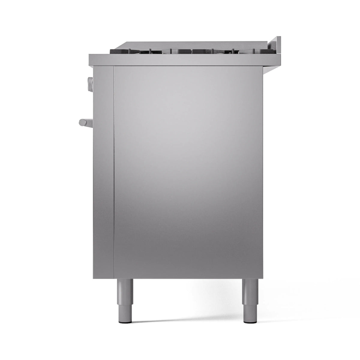 Stainless dual-fuel range from the back view with rear panel and legs