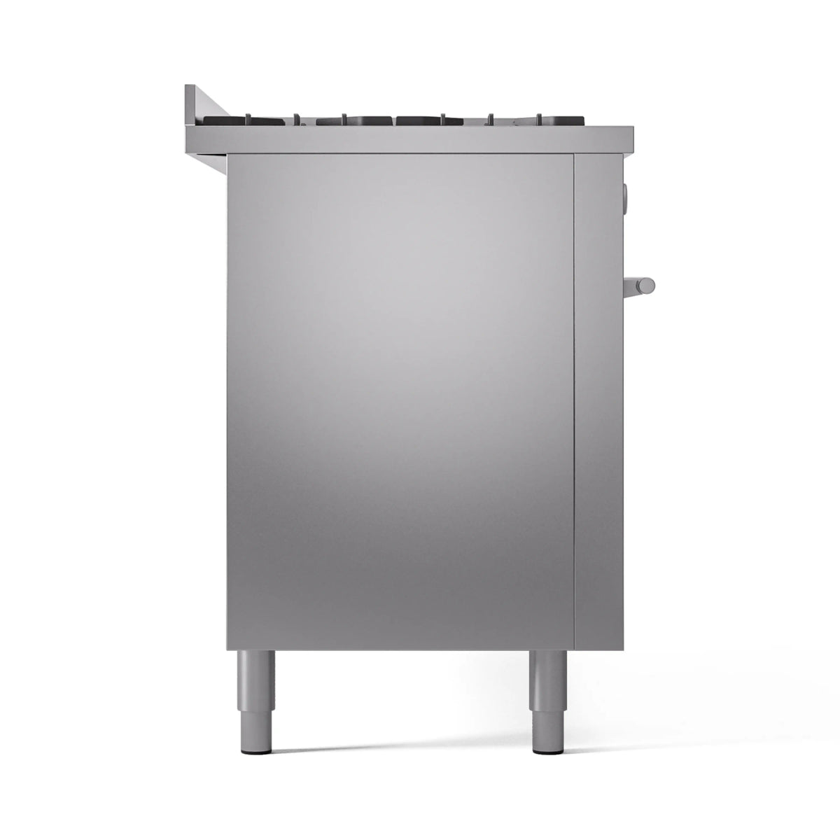 Stainless dual-fuel range back view with rear controls and adjustable legs