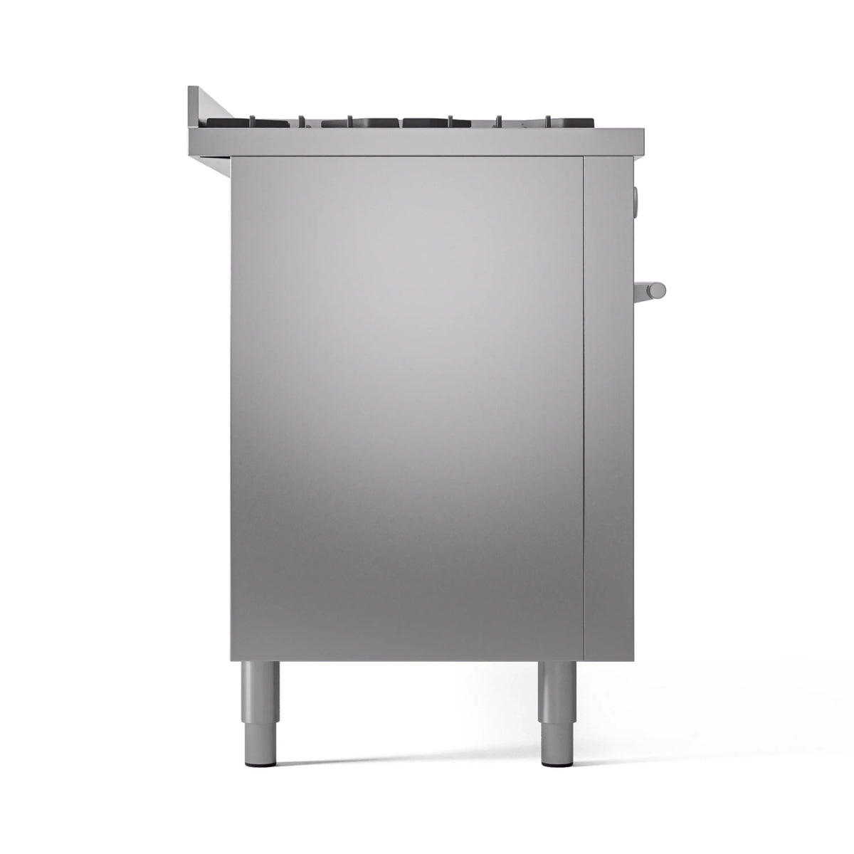Stainless steel range rear view with top grates and adjustable legs