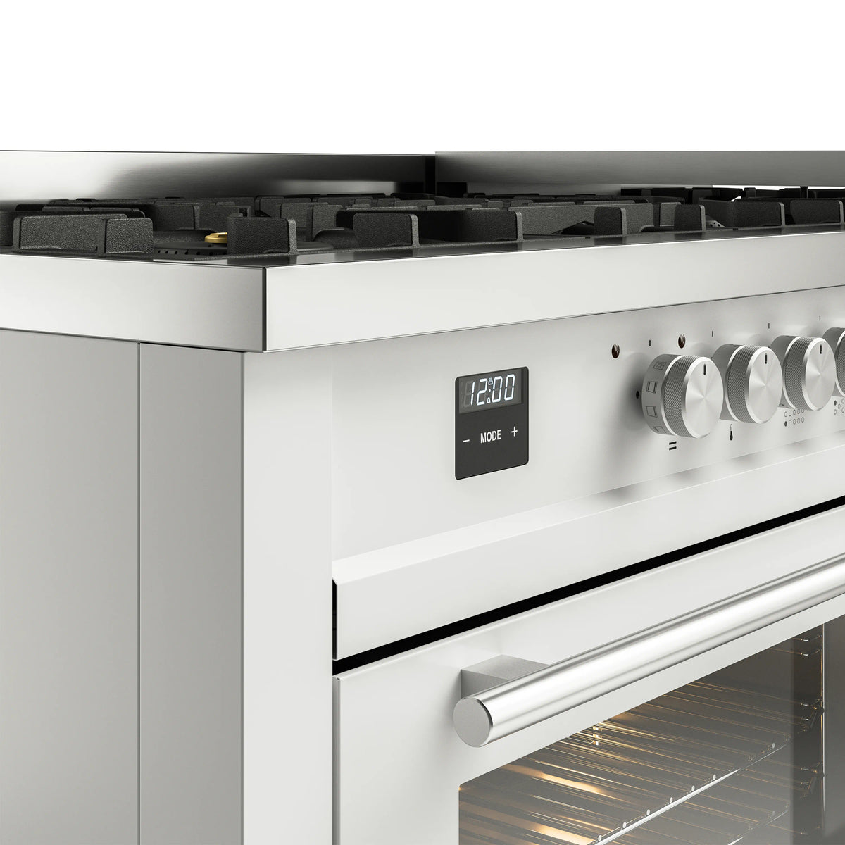 White dual fuel range control panel with clock-style display and round oven/burner knobs