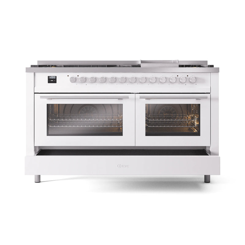 ILVE 60-inch Professional Plus II Dual Fuel Range with 9 Burners, Griddle, and Triple Glass Door Oven in White (UP60FWMPWH)