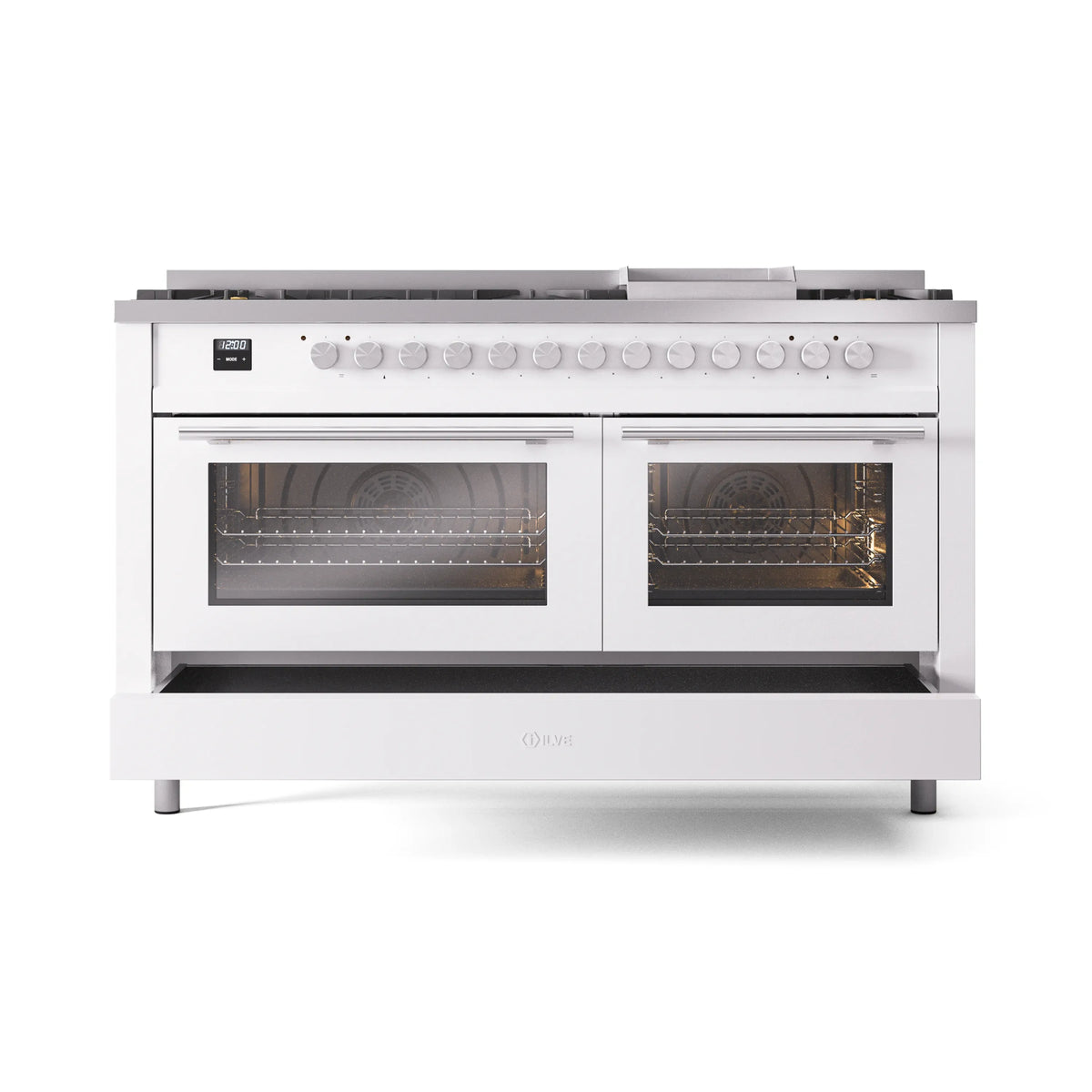 White dual fuel range with two oven doors and front burner knobs, front view