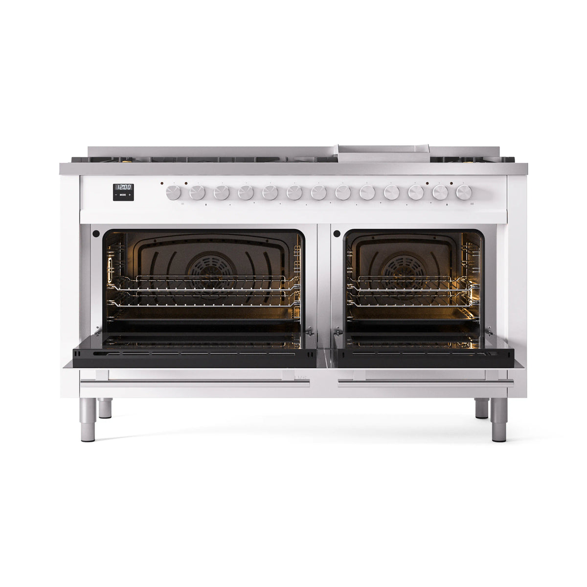 White dual fuel range with both oven doors open, showing interior racks and heating elements