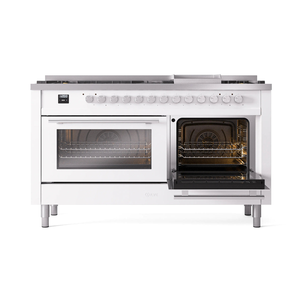 White dual fuel range with left oven door closed and right oven door open, interior visible