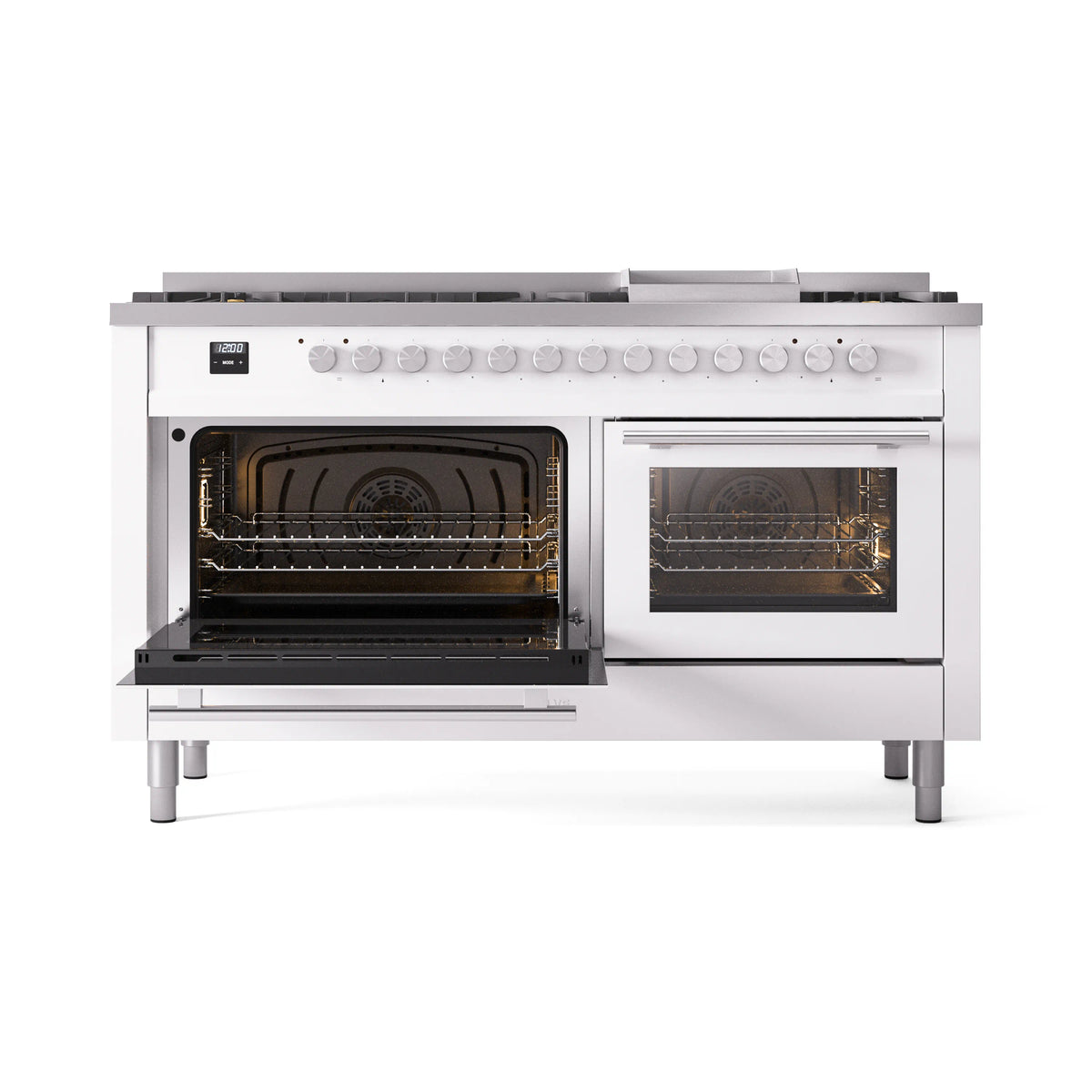 White dual-fuel range, left and right oven doors open with oven racks visible