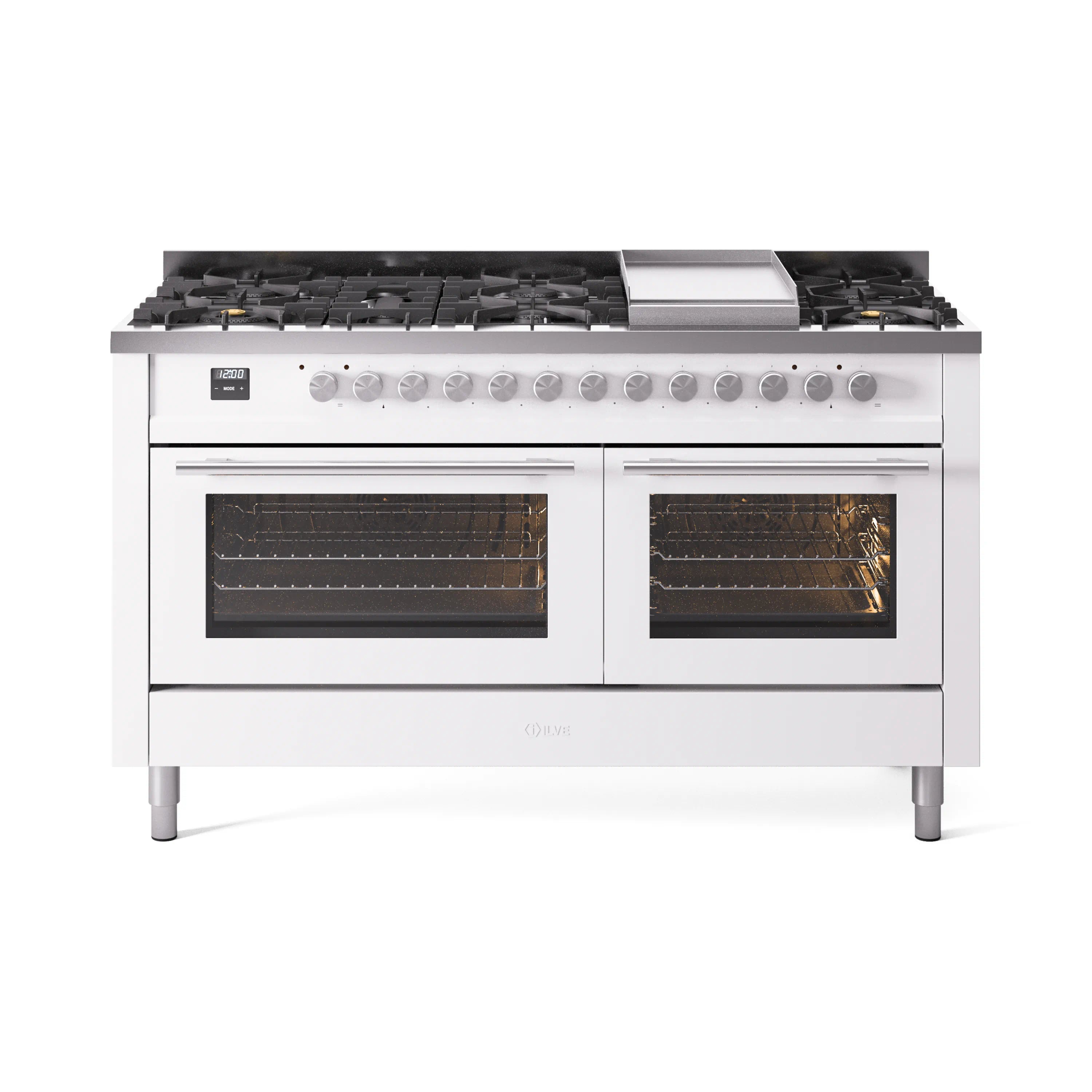 White dual fuel professional range with 2 ovens and gas burner grates, control knobs on front