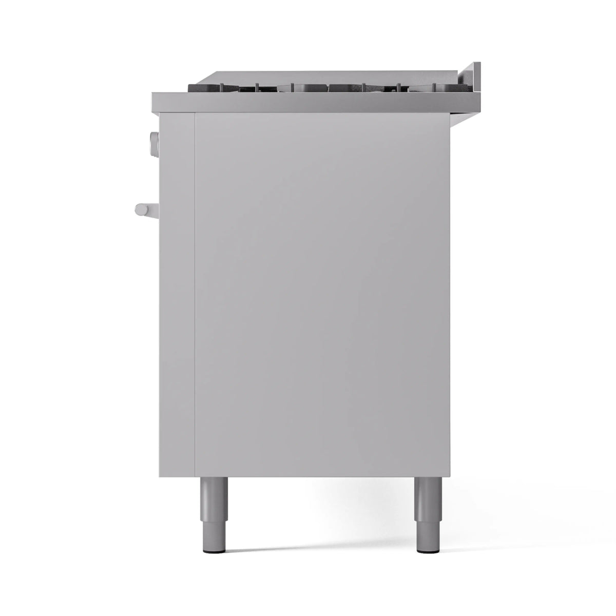 White rear panel of dual-fuel range with raised backsplash and four legs