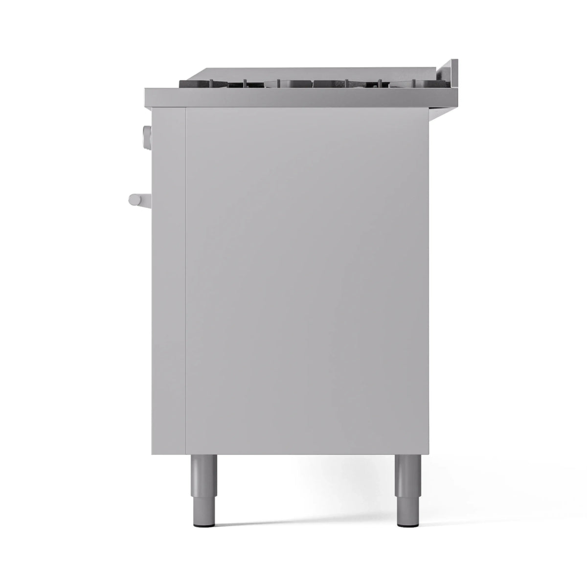White dual fuel range side panel with rear controls area and four leveling feet
