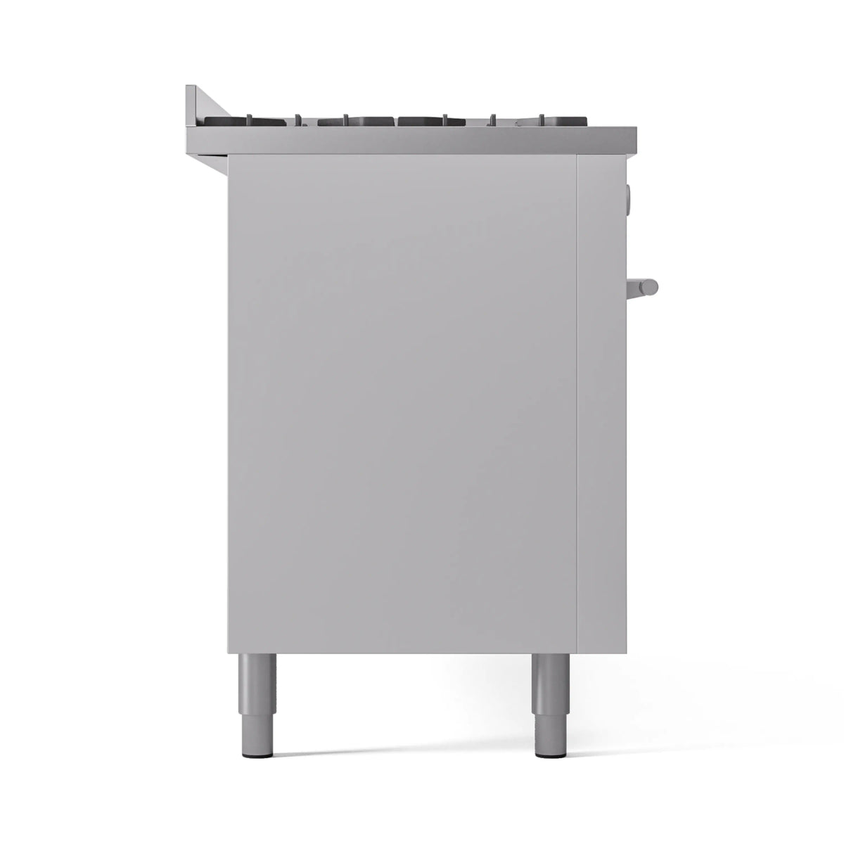 White side panel of dual-fuel range with cooktop grates and four legs