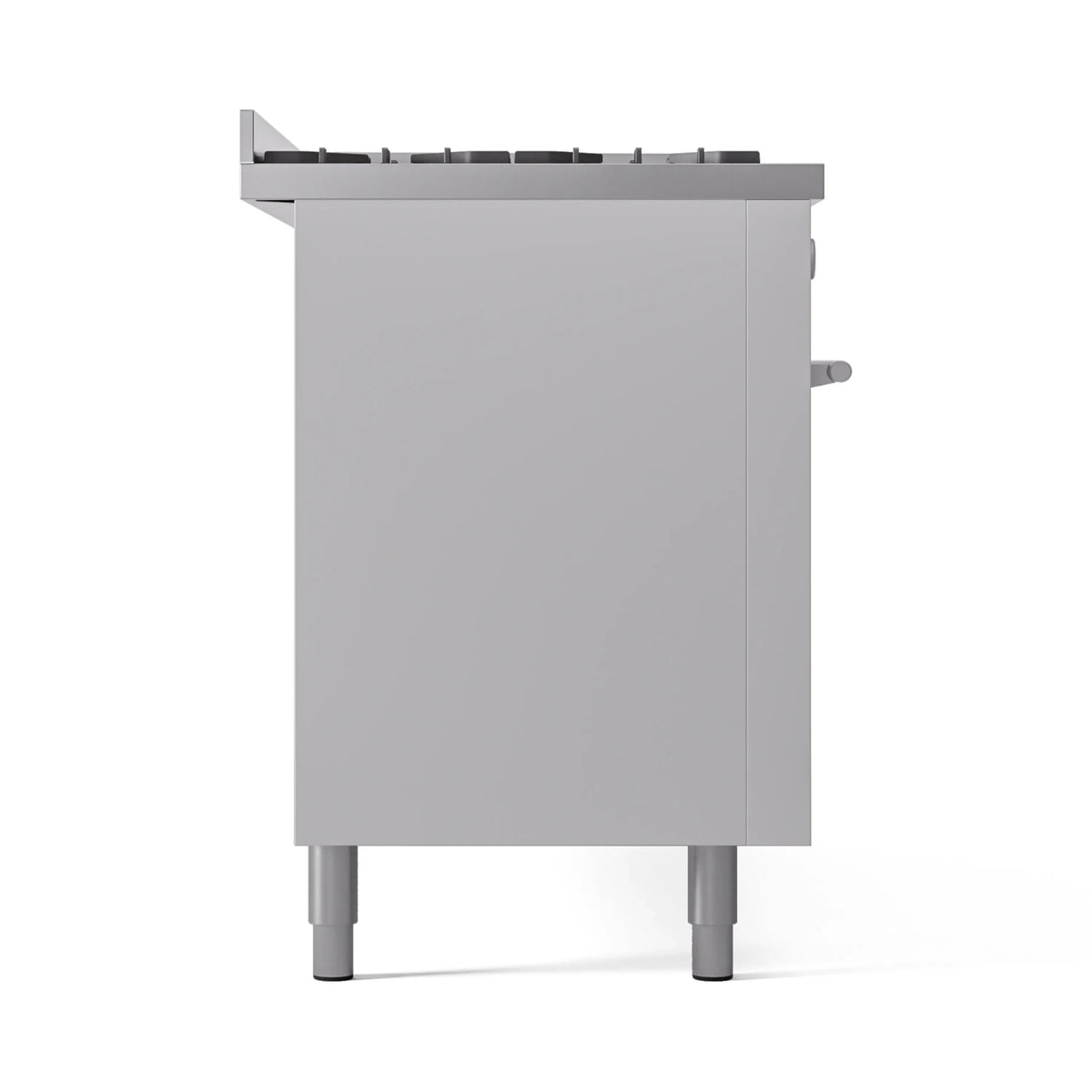 White dual fuel range side/back panel with four legs and top burner area visible