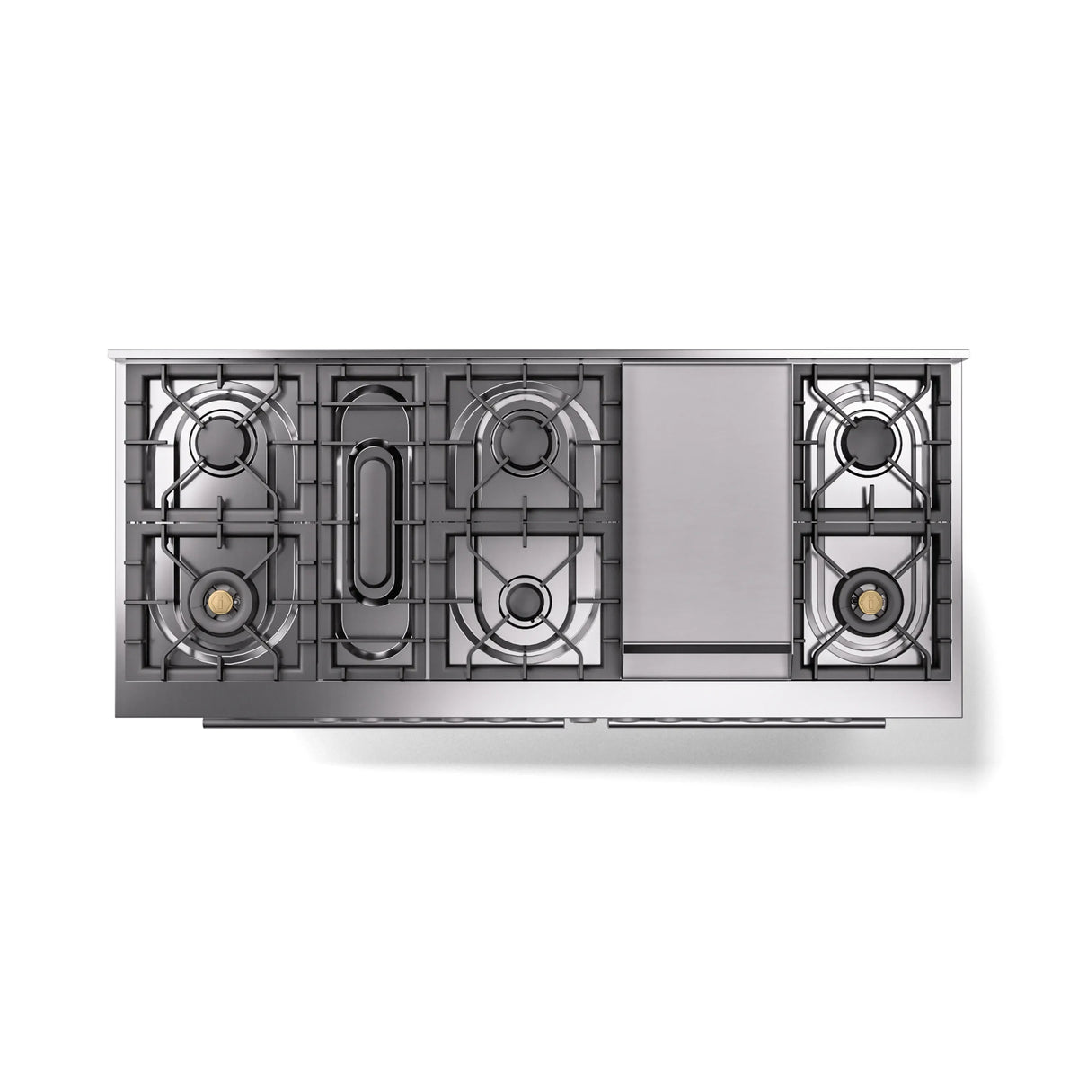 Dual fuel range cooktop with multiple cast burner grates and burner placements across top