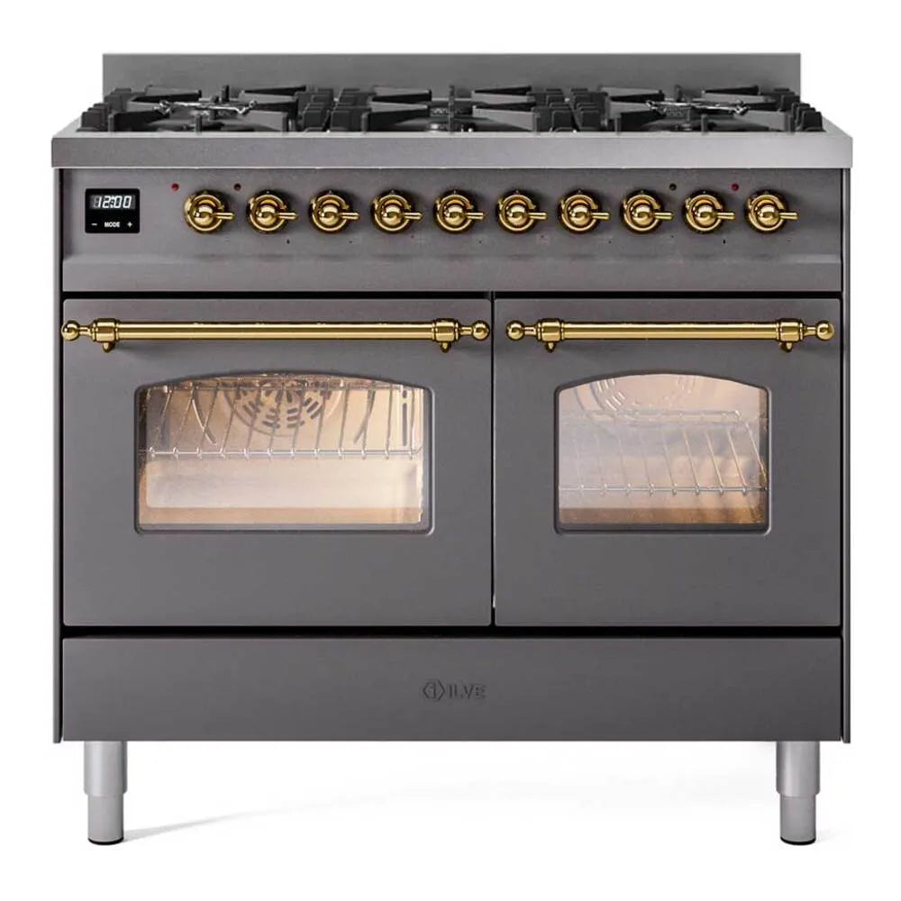 ILVE dual fuel range, matte graphite front with brass knobs and two oven windows