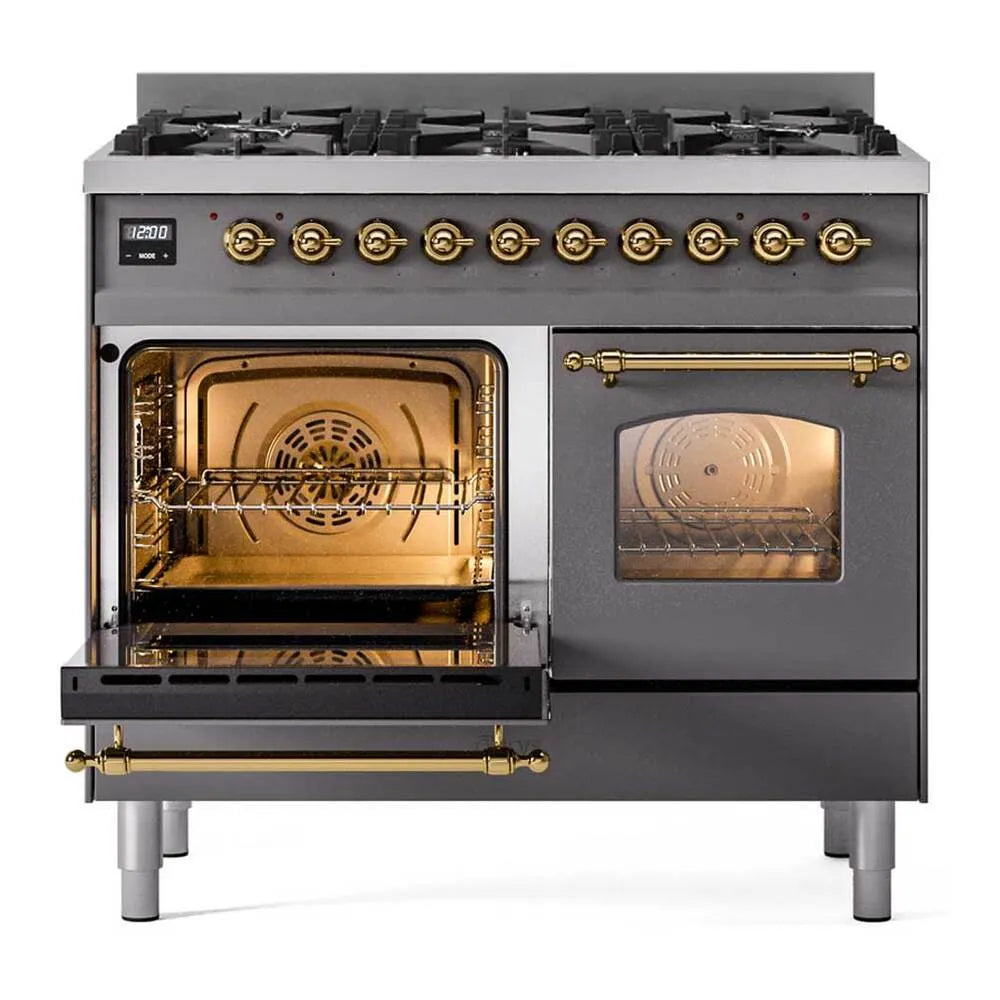 ILVE dual fuel range with left oven door open, showing interior racks and burner panel