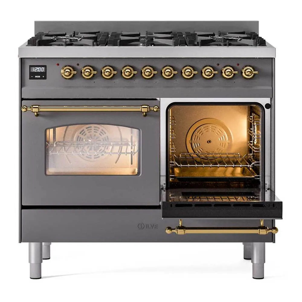 ILVE matte graphite range with one oven open and brass control bar, front view