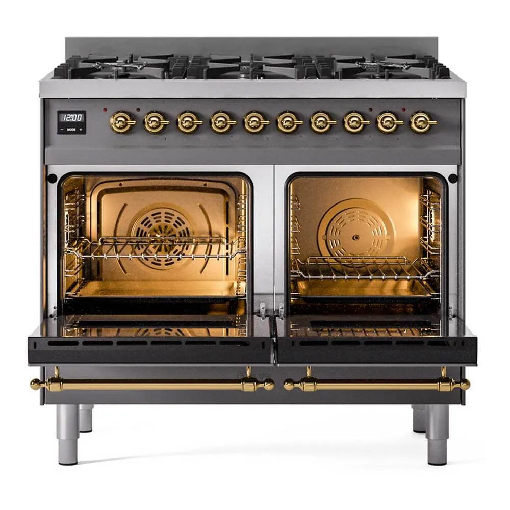 ILVE dual fuel range with both ovens open, brass handles and wire racks visible