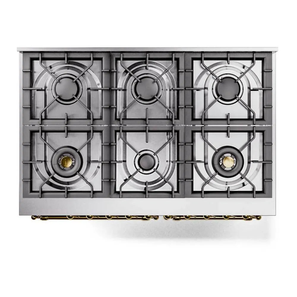 Stainless steel six-burner gas cooktop with brass burner caps and grates