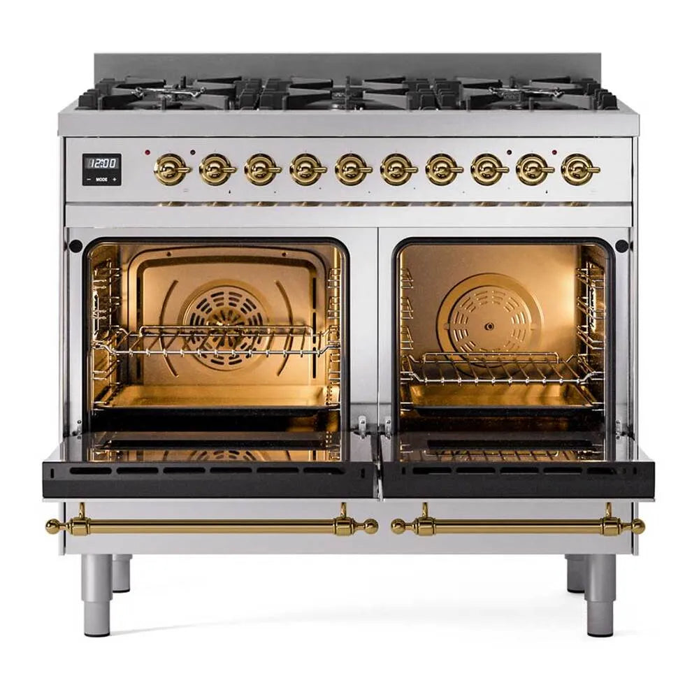 Stainless steel dual fuel range with open dual ovens and brass front handles