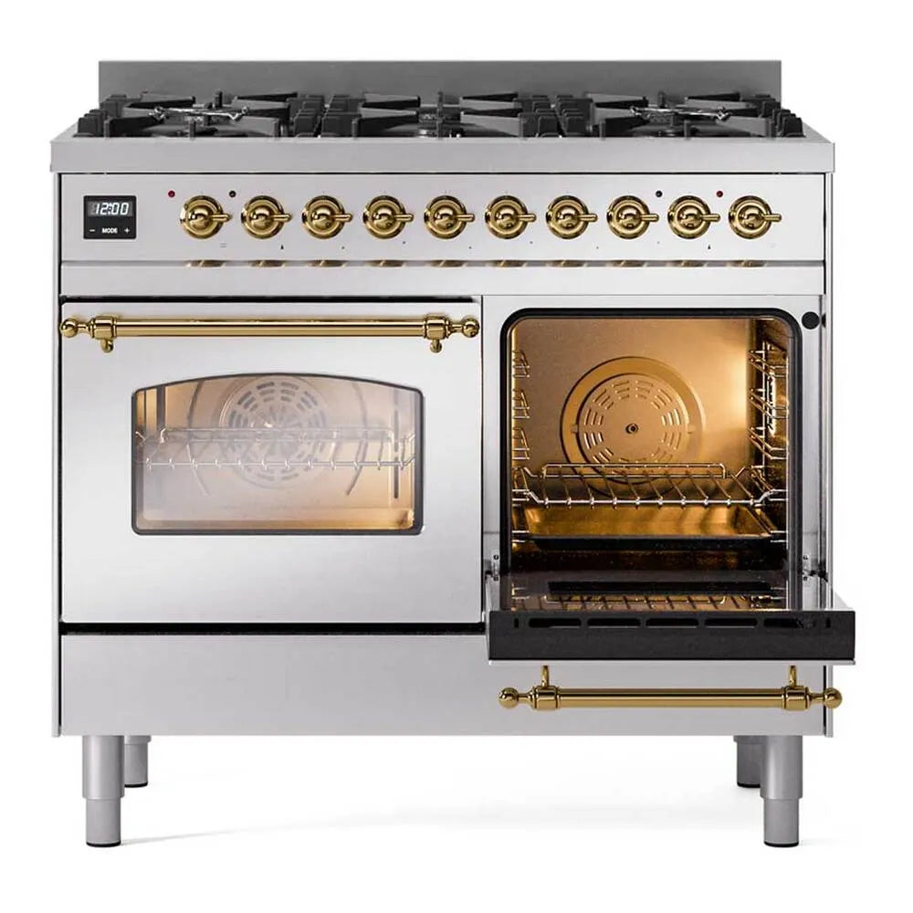 Stainless steel dual fuel range with brass handle, one oven open, and five burner controls