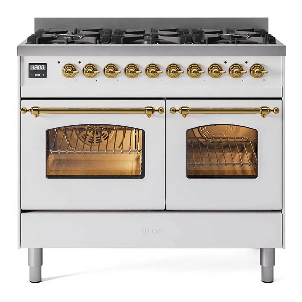 White dual fuel gas range front view with two oven windows and brass control knobs
