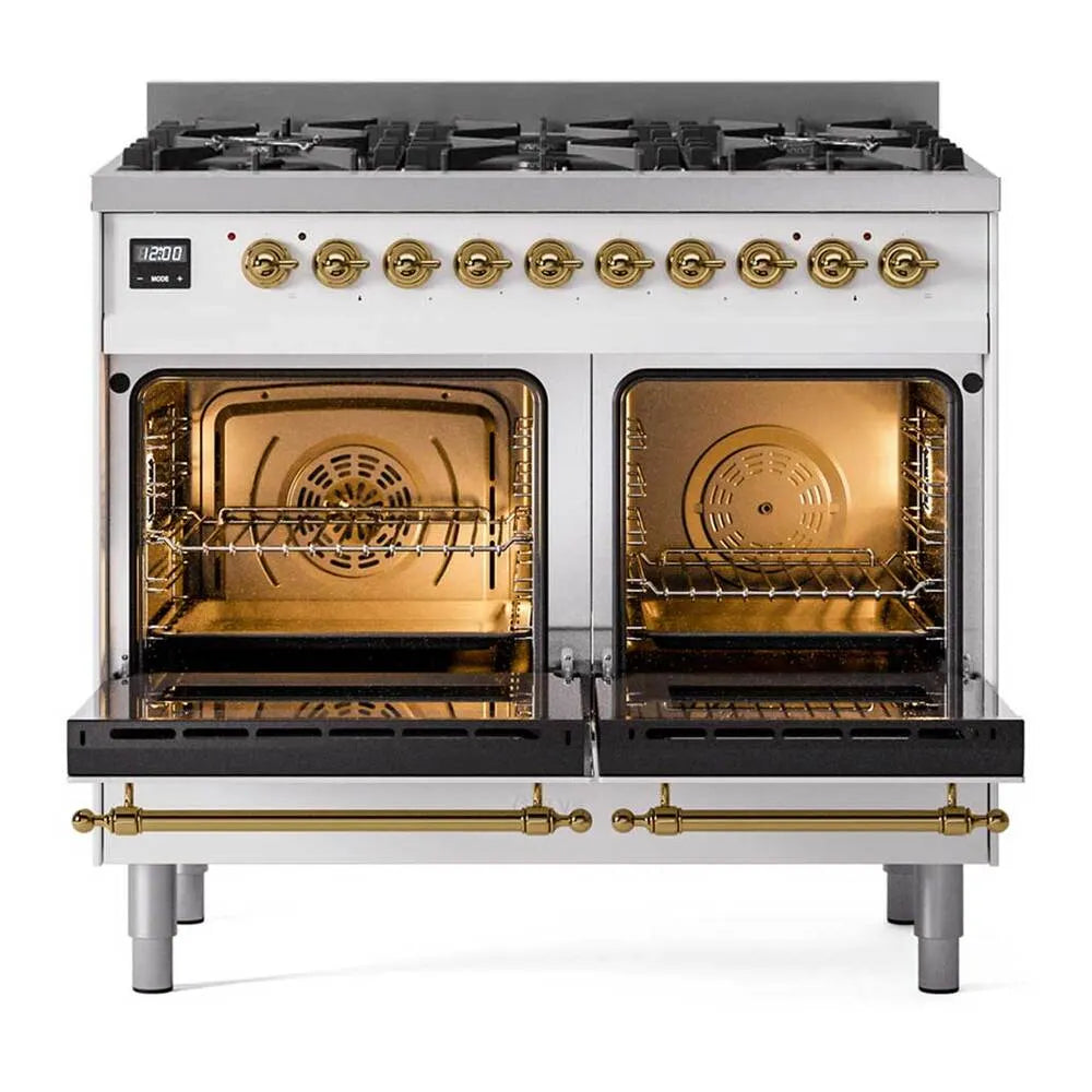 White dual fuel range with both oven doors open and gold-tone racks