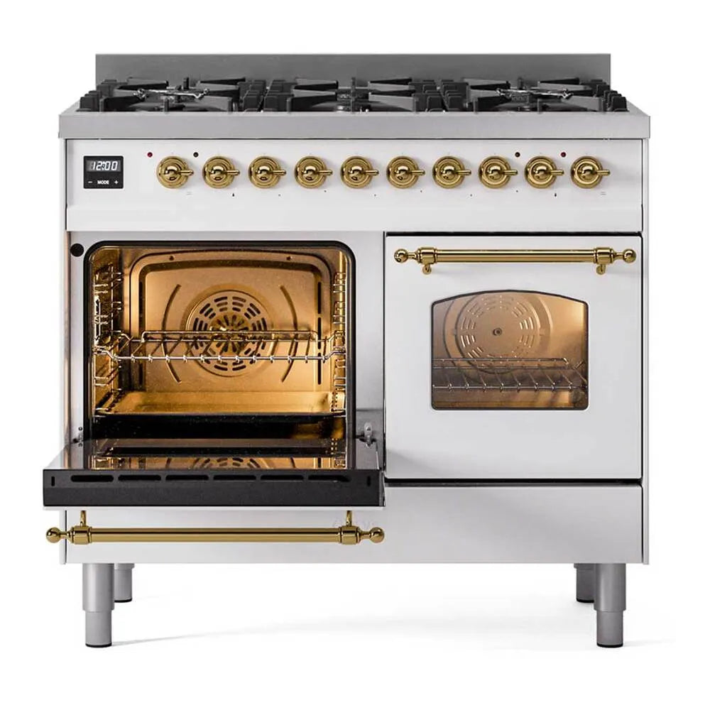 White dual fuel range with both ovens open, brass handles, and six gas burner grates