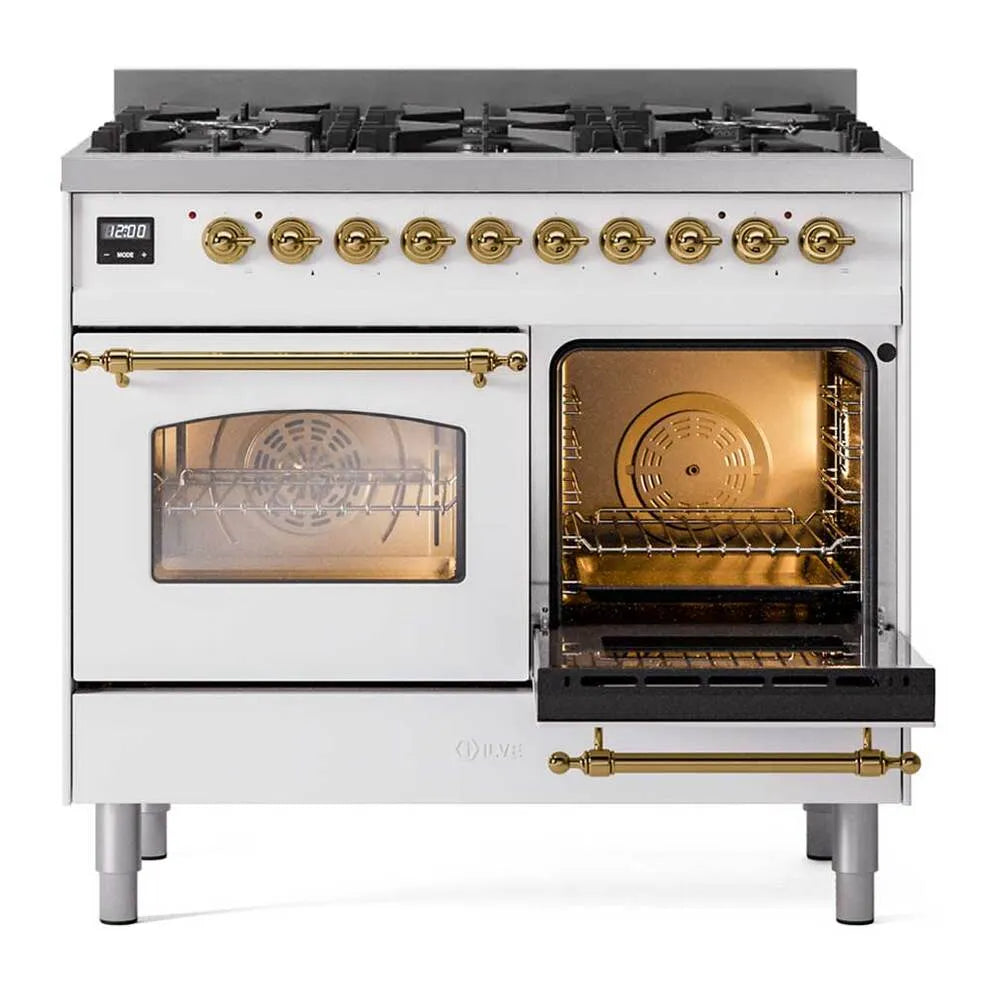 White dual fuel range with open oven door and visible wire rack inside