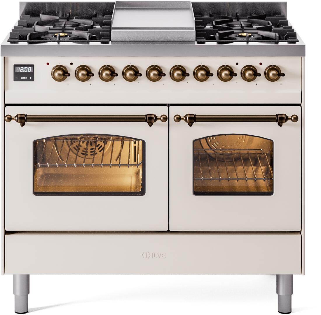 Dual fuel freestanding range front with bronze knobs, burners, and dual oven doors