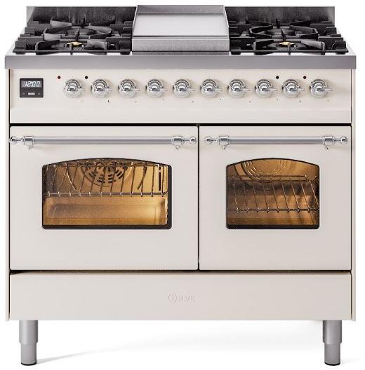 Antique white freestanding dual-fuel range with chrome control knobs and double ovens