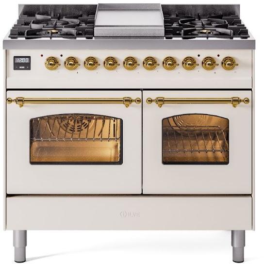 Antique white freestanding dual fuel range with brass trim, gas burners and two oven doors