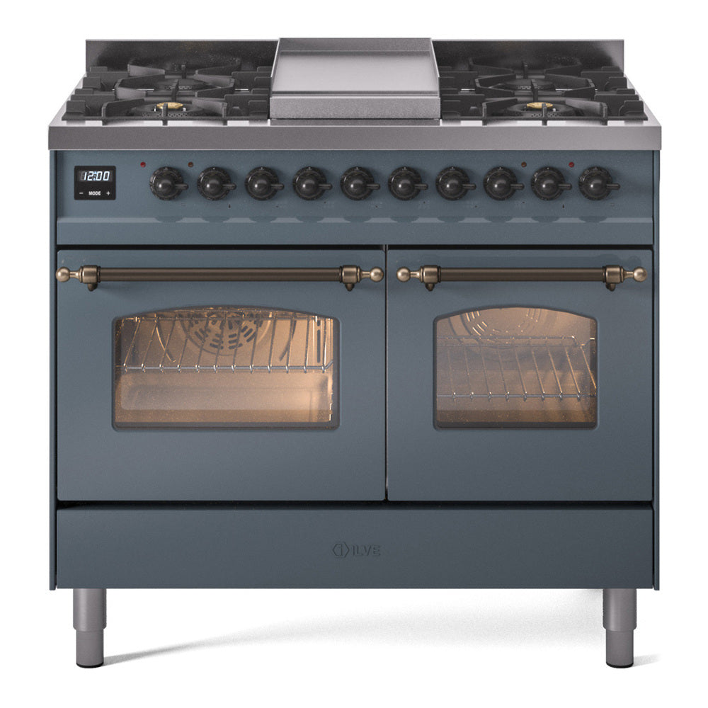 Blue-gray freestanding dual fuel range with bronze knobs, griddle, and two oven doors