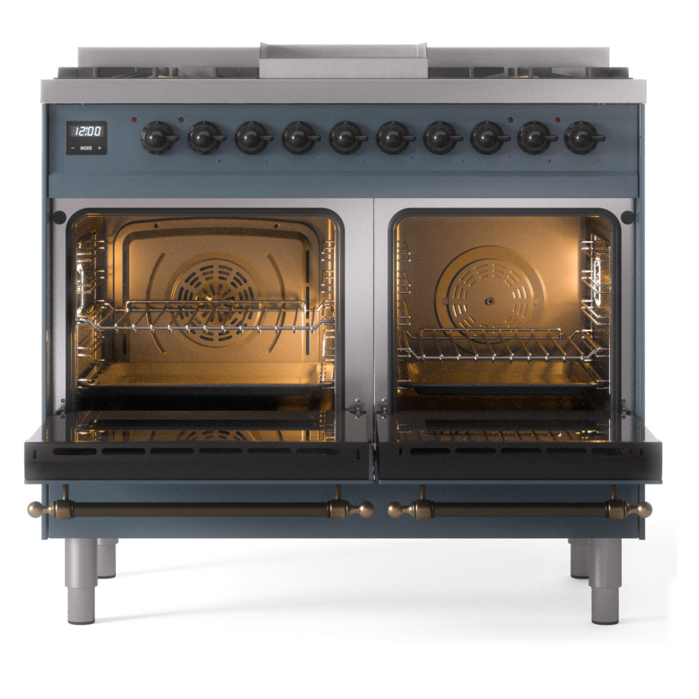 Freestanding dual fuel range with both oven doors open, blue grey body and bronze front rails