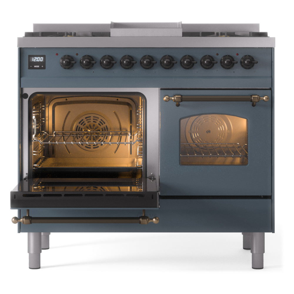 Freestanding dual fuel range with left oven door open and right oven door closed, blue grey
