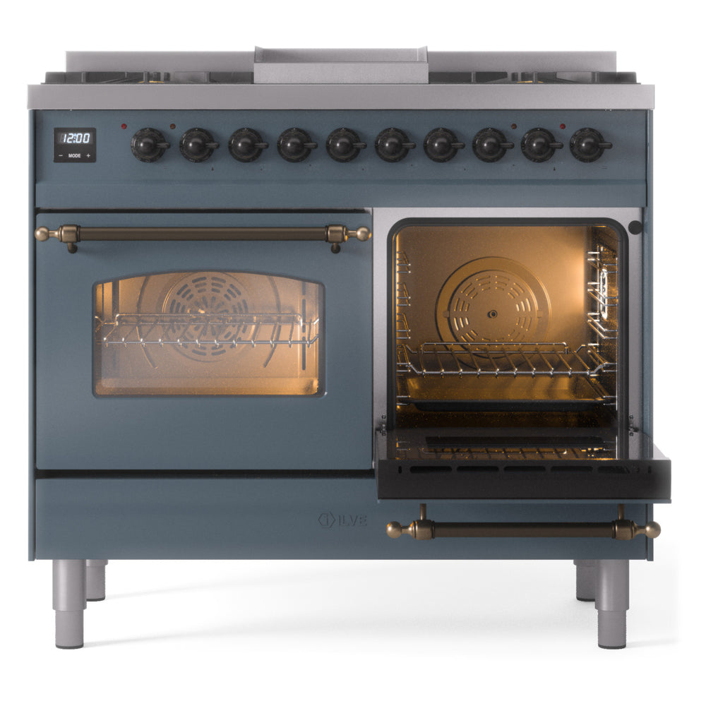 Blue-grey dual fuel freestanding range with bronze handle and one open oven compartment