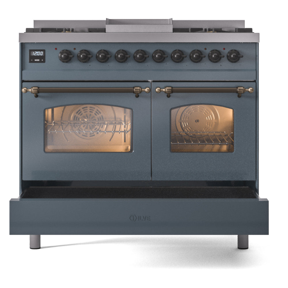 Blue-grey freestanding range with bronze bar handles and dual oven window doors