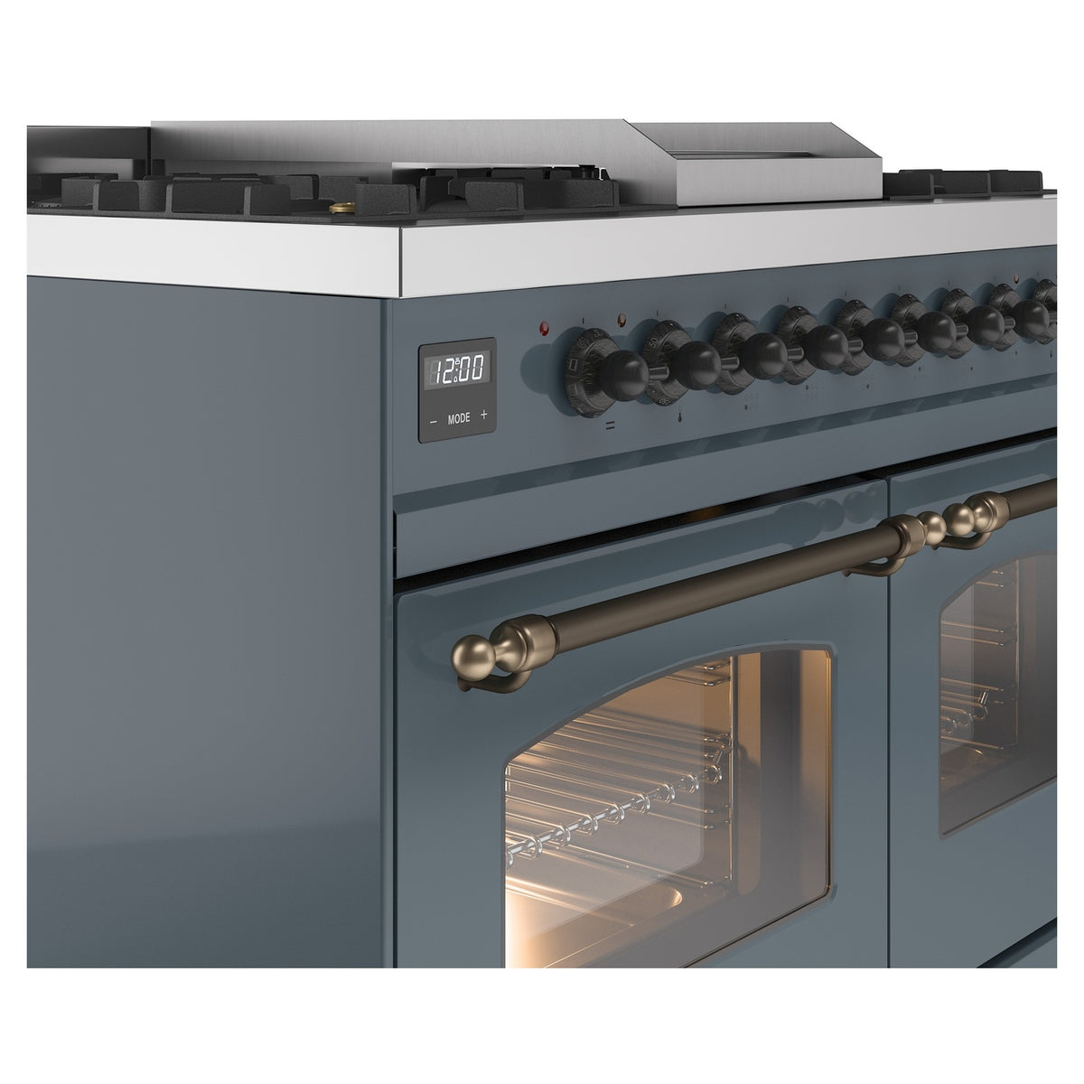 Blue-grey control panel with knobs and bronze trim beside open oven window