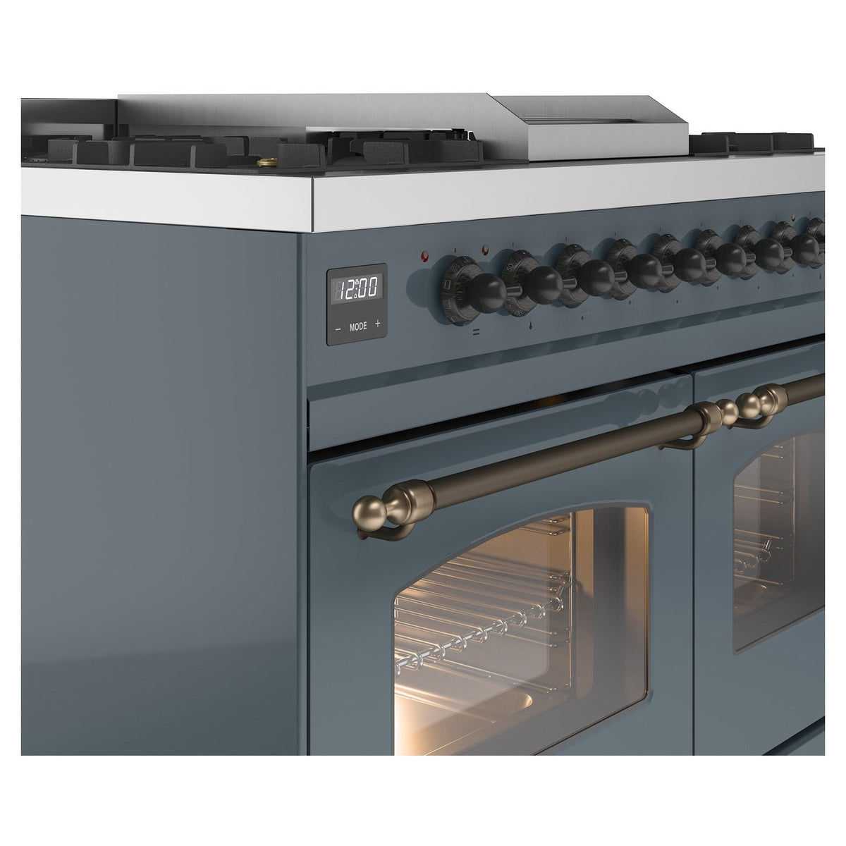 Freestanding dual fuel range control panel with blue grey knobs and bronze handle trim