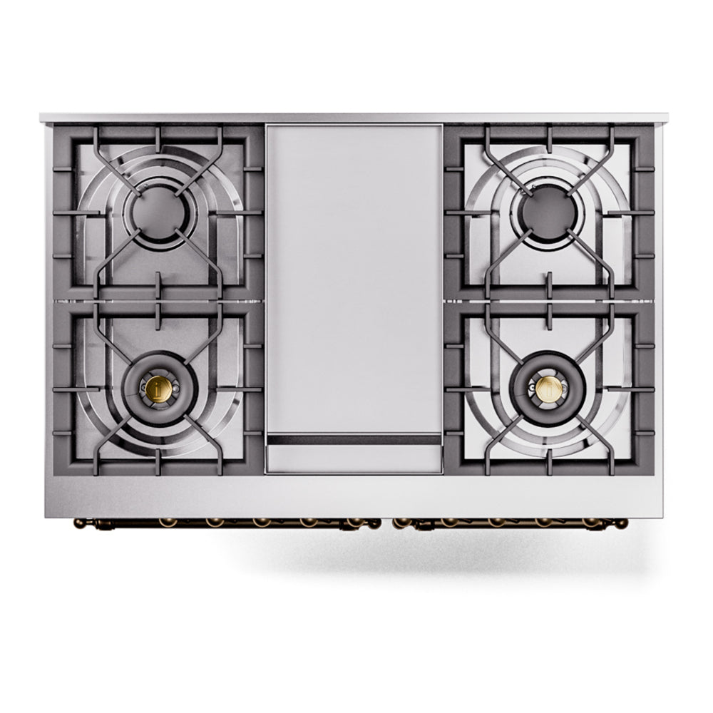 Freestanding cooktop with two gas burners and black metal grates