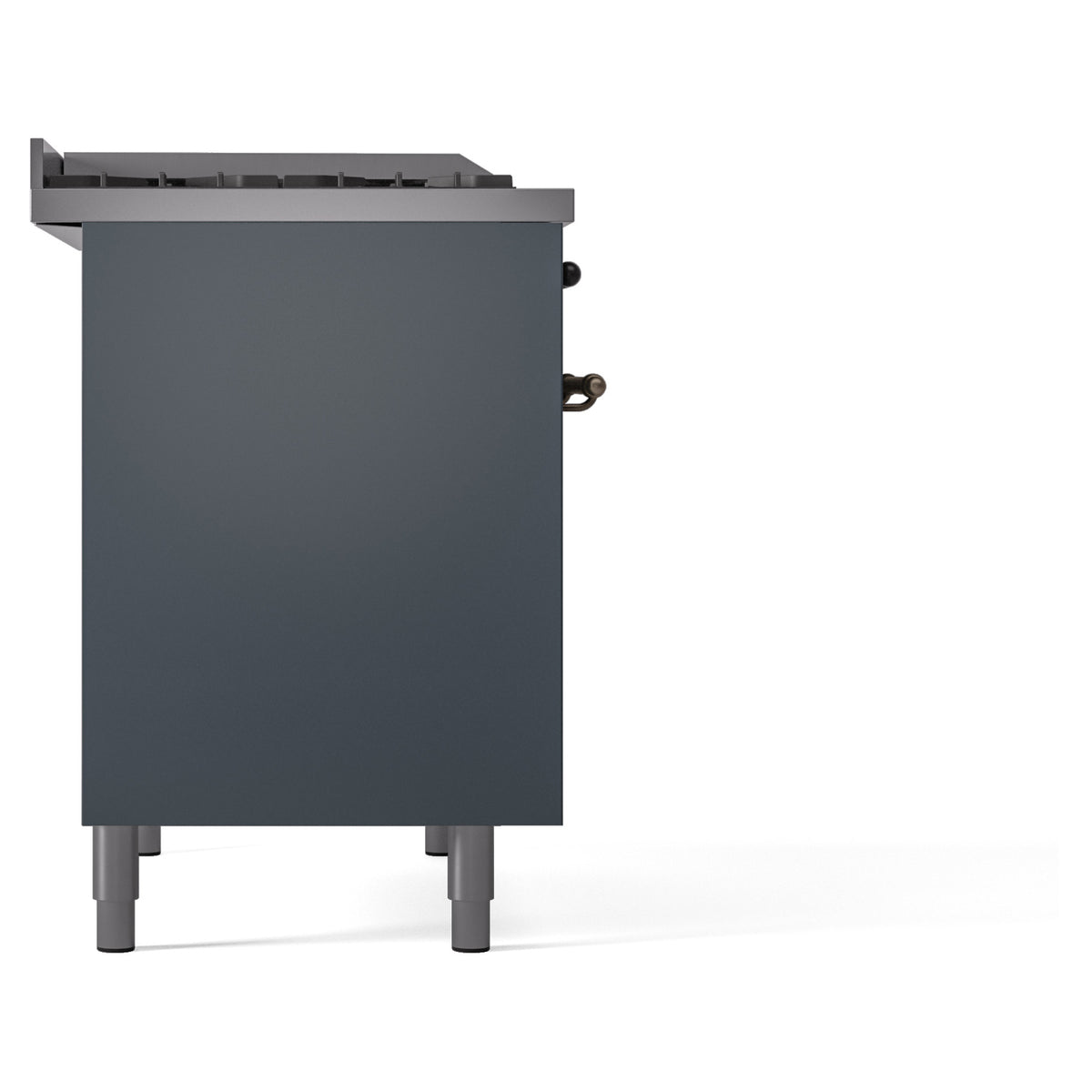 Blue-grey freestanding range side panel with rear controls and leveling feet