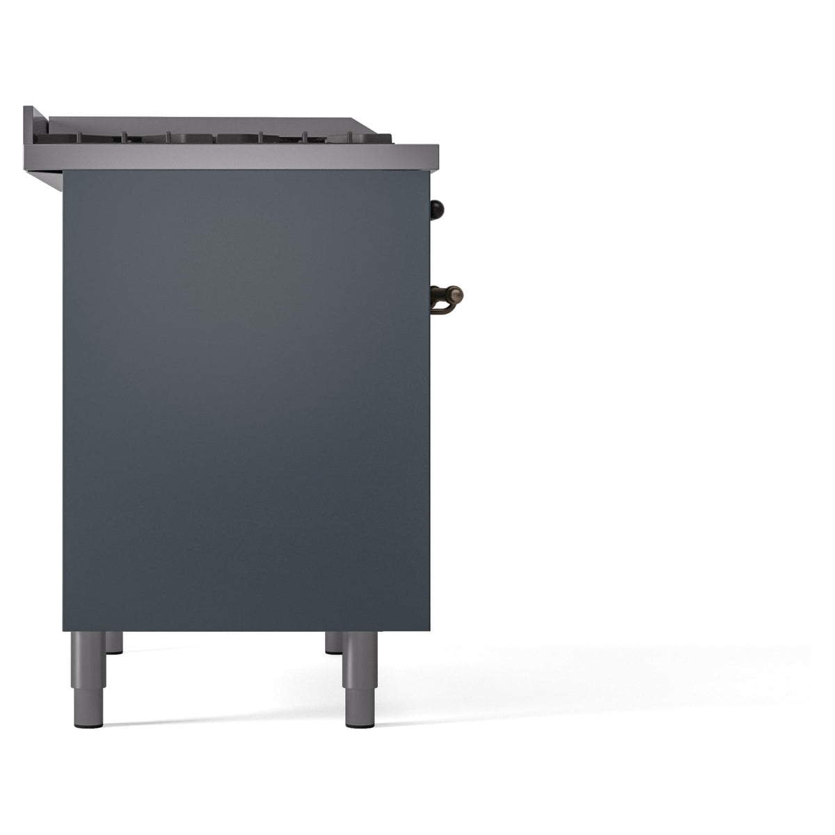 Freestanding dual fuel range side view with blue grey back panel and leveling legs