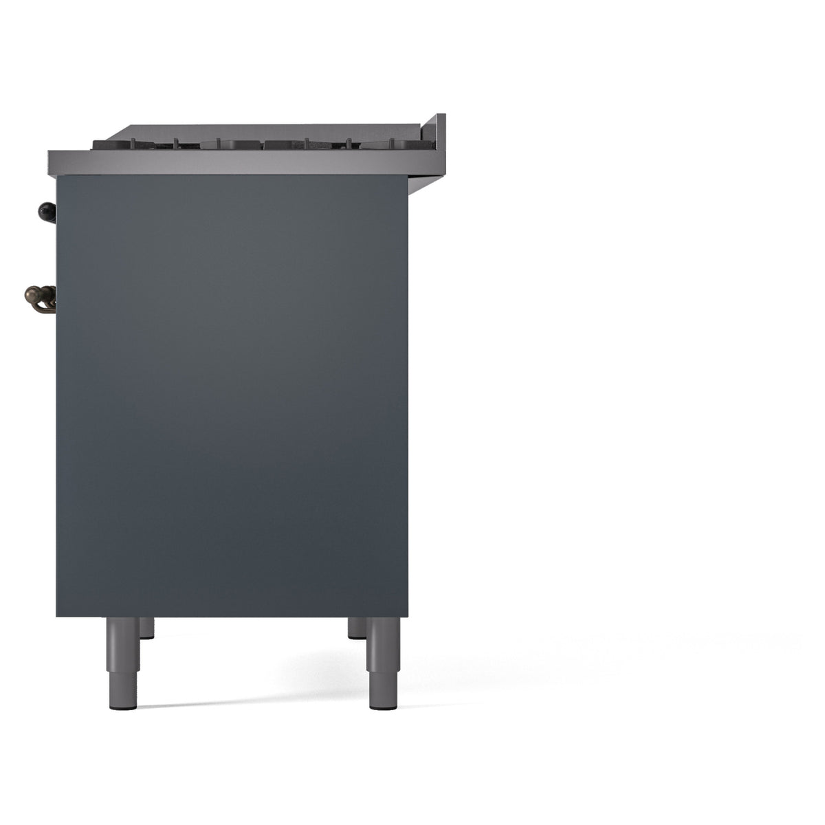 Blue-grey freestanding range side panel with top controls and leveling feet
