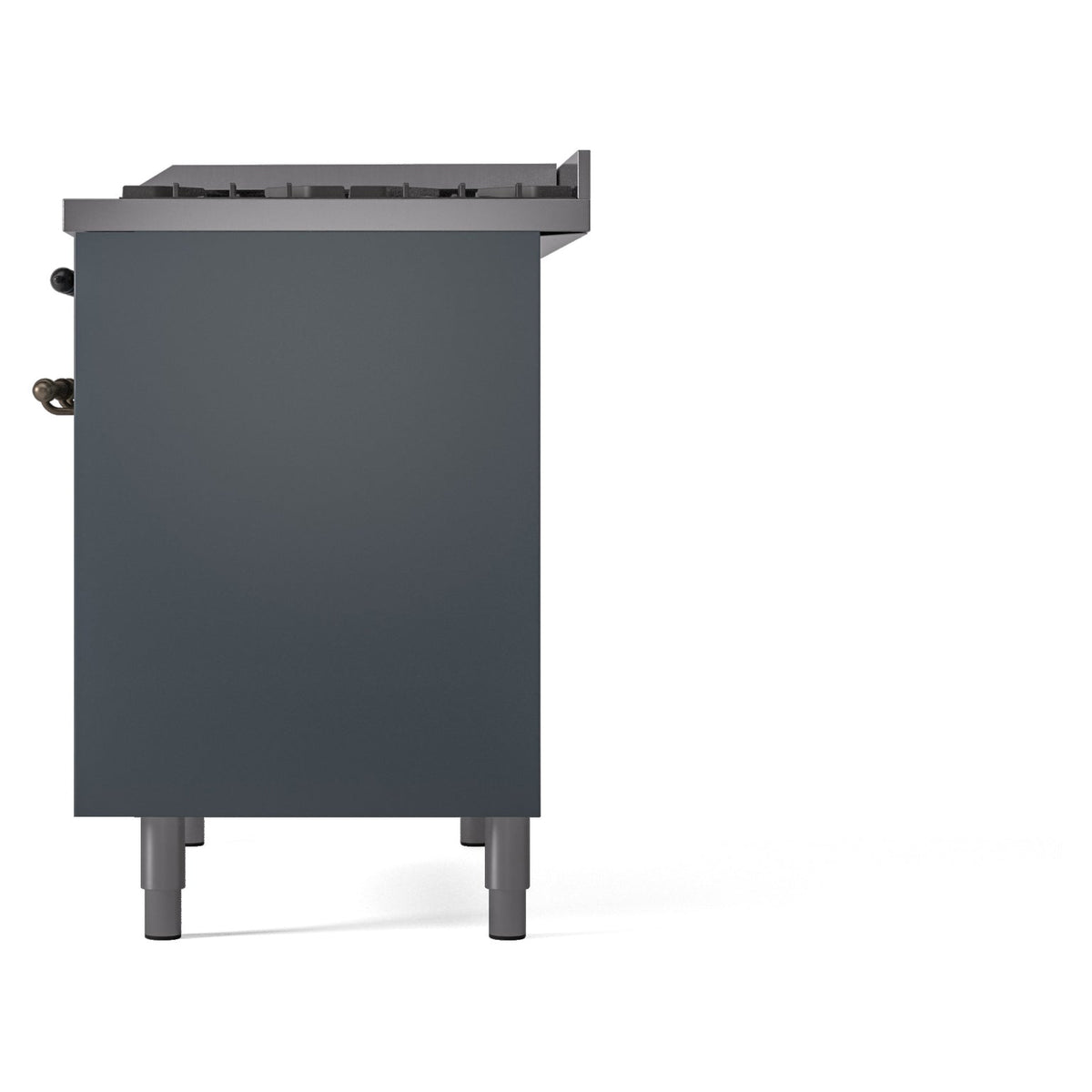 Freestanding dual fuel range rear corner view, blue grey body and rear edges