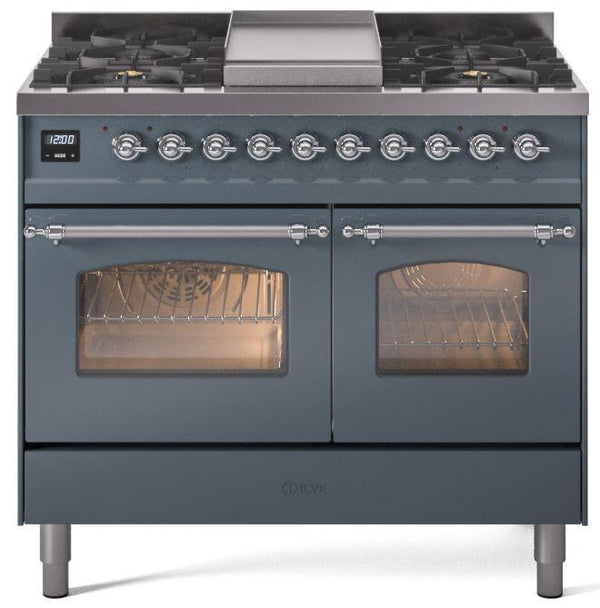 ILVE Nostalgie II 40-Inch Dual Fuel Freestanding Range in Blue Grey with Chrome Trim (UPD40FNMPBGC)