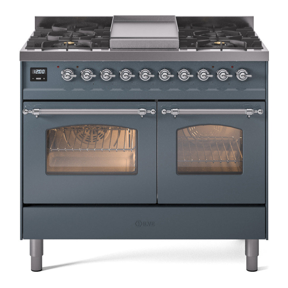 Blue grey dual-fuel freestanding range with chrome trim, burners and two oven doors