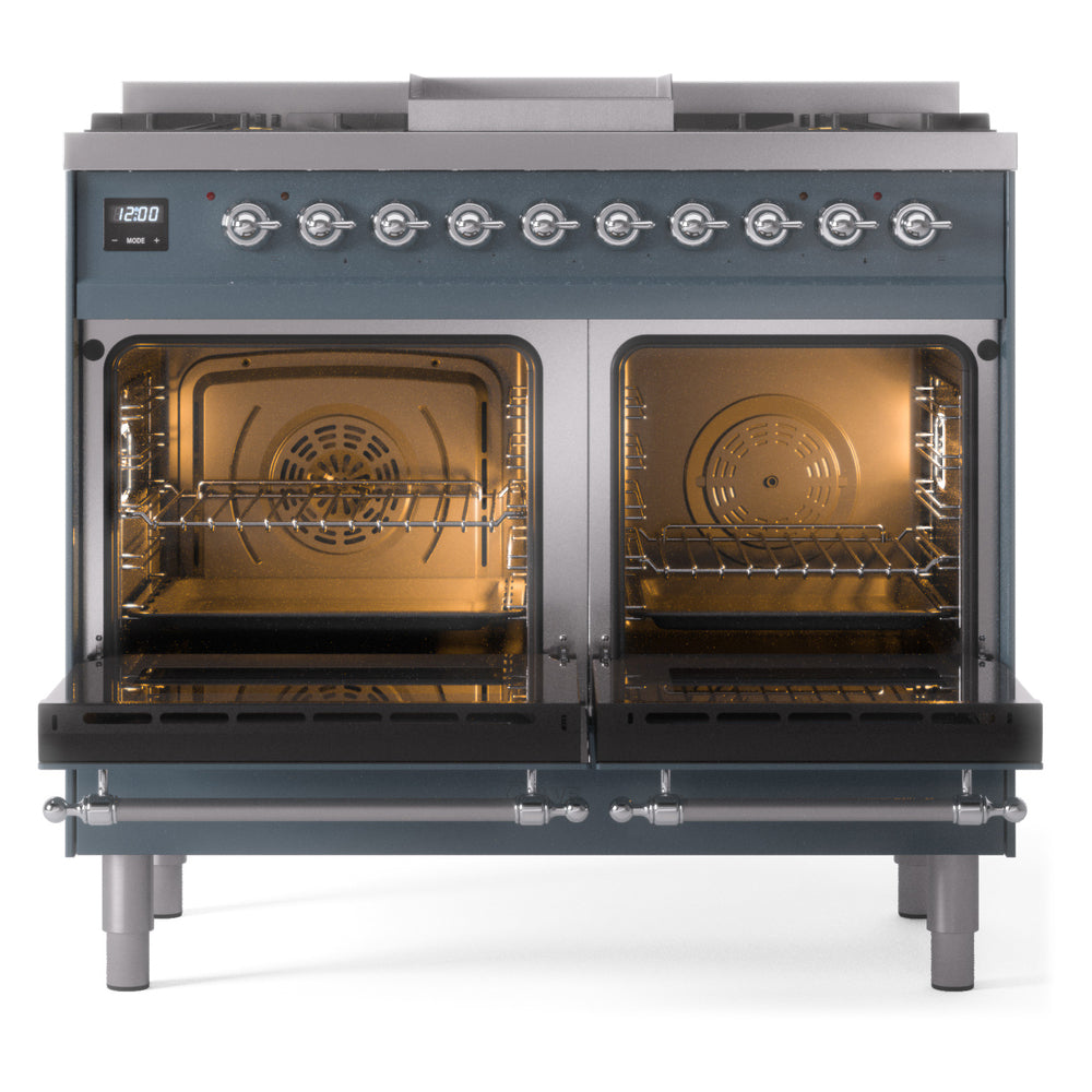 Blue grey freestanding range with both ovens open, chrome control knobs