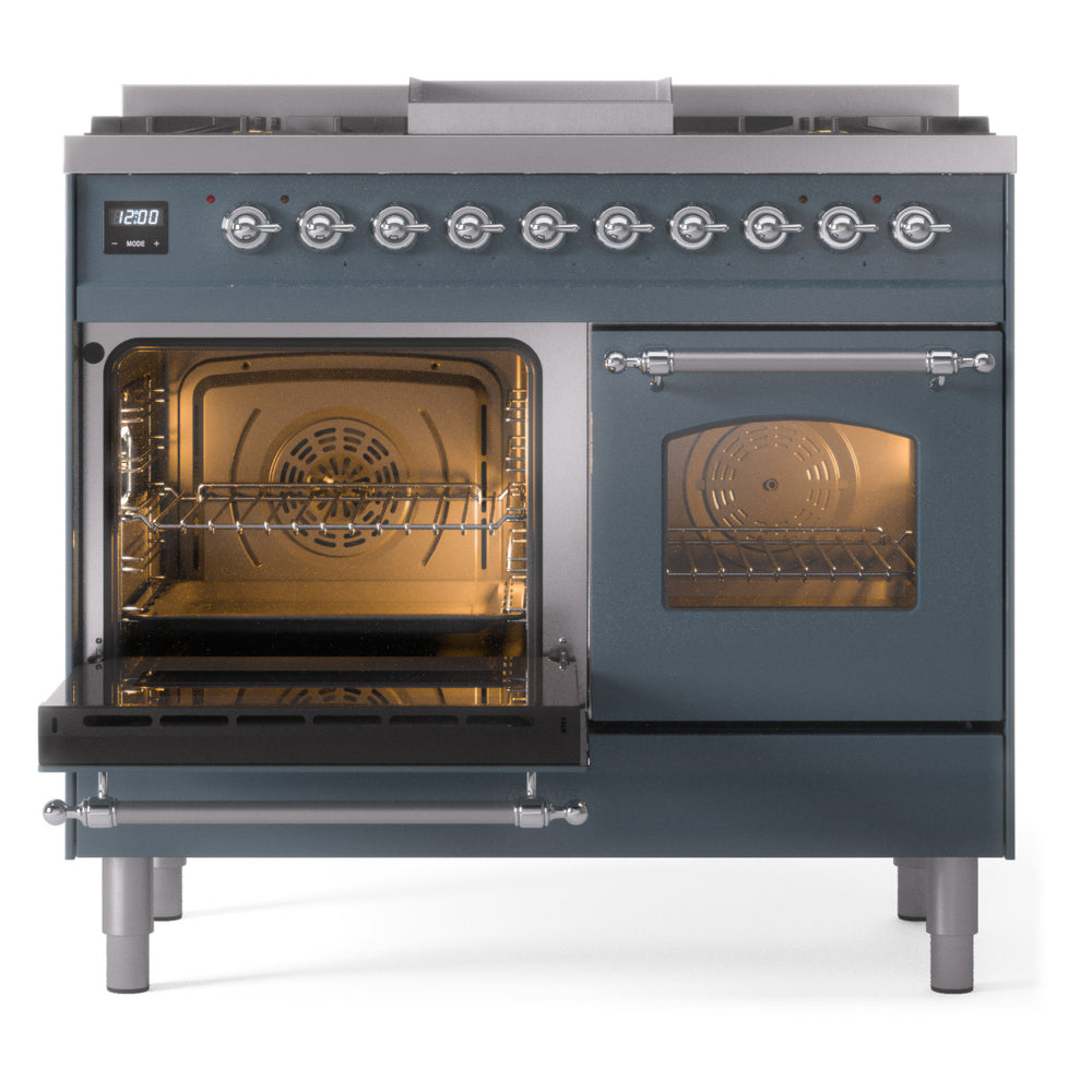 Blue grey freestanding range with one oven open, other door closed, chrome knobs